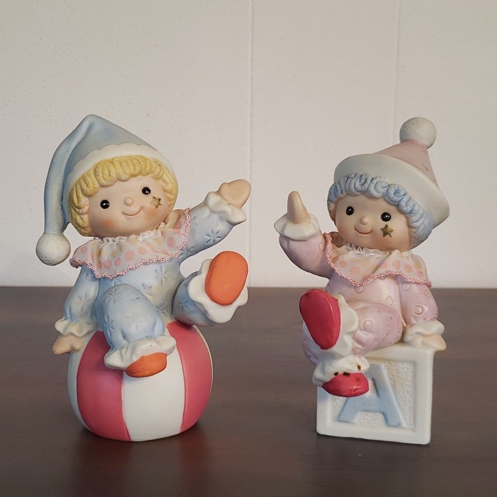 Vintage Set of 2 Homco Baby Ceramic Clown Figurines 1980 - #1451
